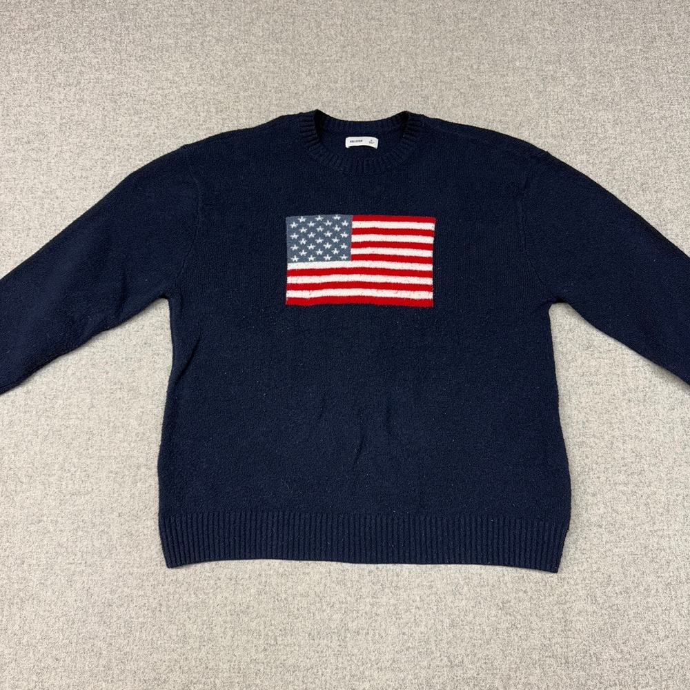 Hollister | American Flag Crew Neck Sweater | M | Navy Blue | Soft Knit Graphic